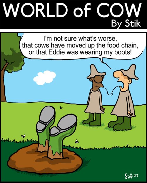 I'm not sure what's worse, that cows have moved up the food chain, or that Eddie was wearing my boots!