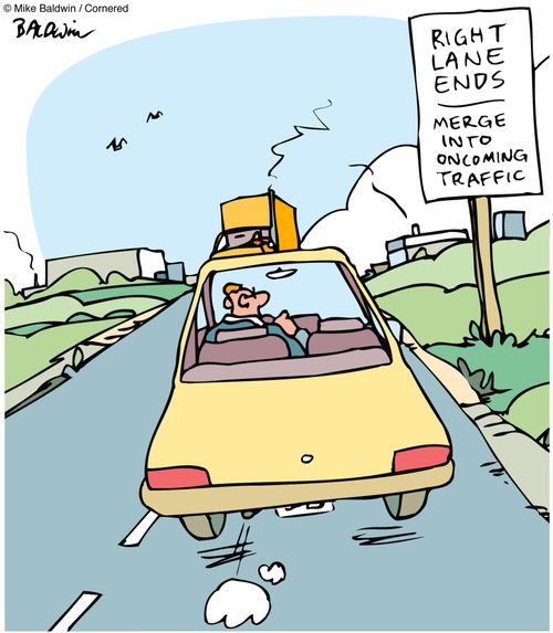 Traffic sign: Right lane ends - Merge into oncoming traffic.