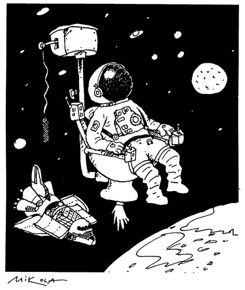 Spaceman using a toilet in space