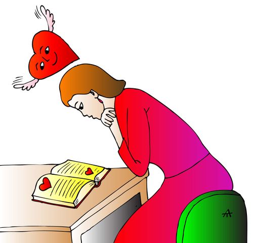 A woman reads a romance novel.