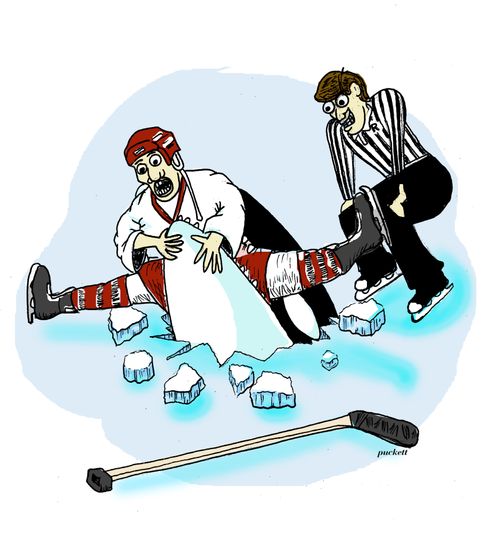 An orca bursts through the ice to seize a hockey player.
