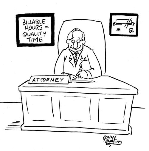 Lawyer with sign: 'Billable Hours equals Quality Time'
