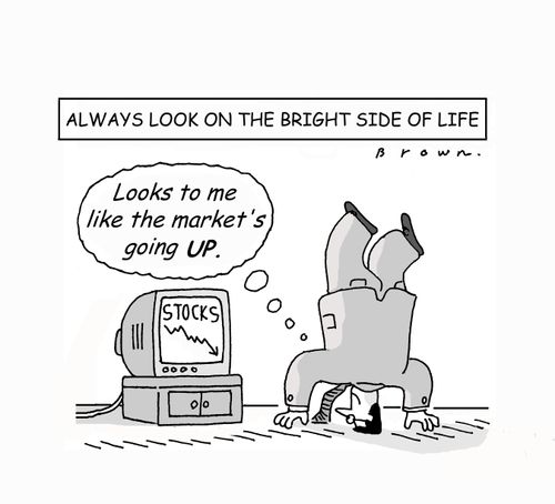 Falling stocks appear to be rising when man stands on his head.
