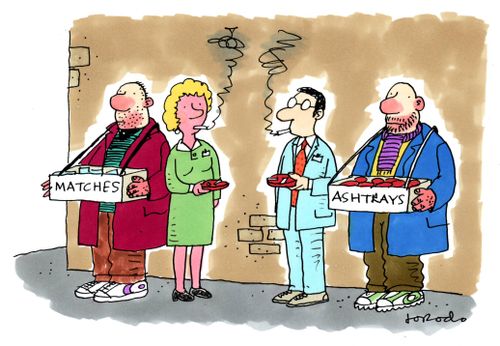 Street smokers with match and ashtray sellers.