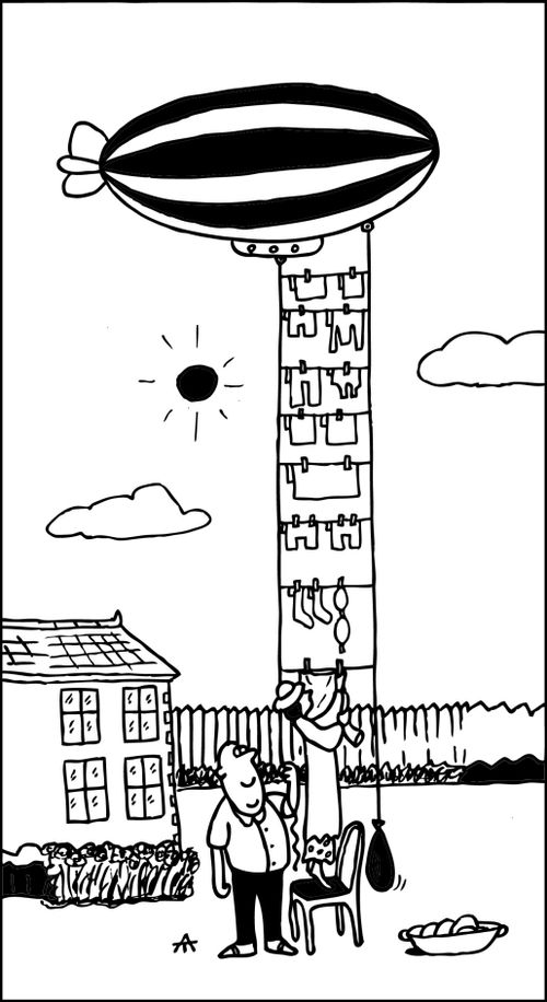 Women uses a Zeppelin to fly help dry her laundry.