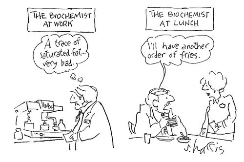 'The biochemist at work' The biochemist at lunch'.