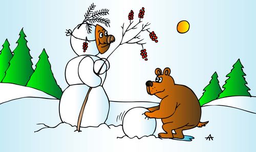 A bear decorates a snowbear.