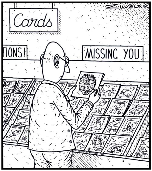 A bald man missing his hair.