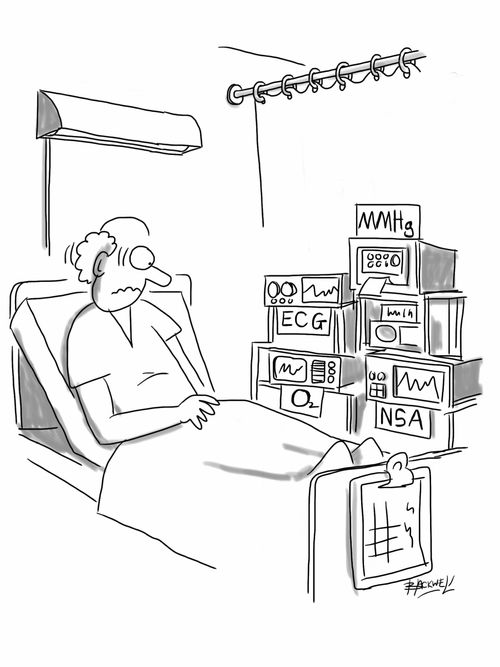 Man in hospital bed, along with ECG, mmHg, being monitored is also NSA. 