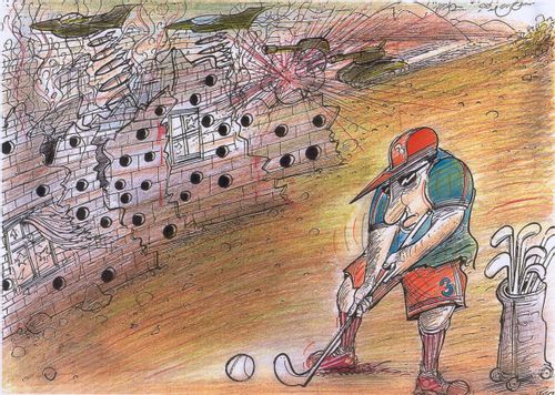 Man Playing Golf in War Zone