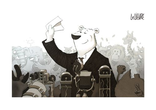 A polar bear holds a press conference.