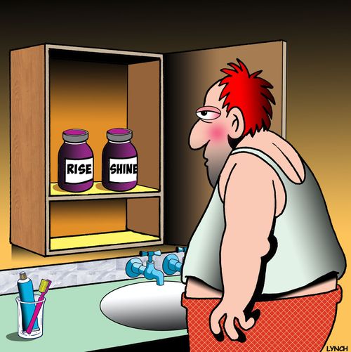 Man looks at bottles labeled 'rise' and 'shine' in his medicine cabinet.