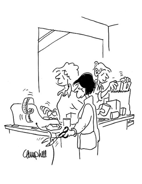 Customer cuts cord of cash register as worker checks groceries.