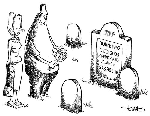 Credit card balance on gravestone.
