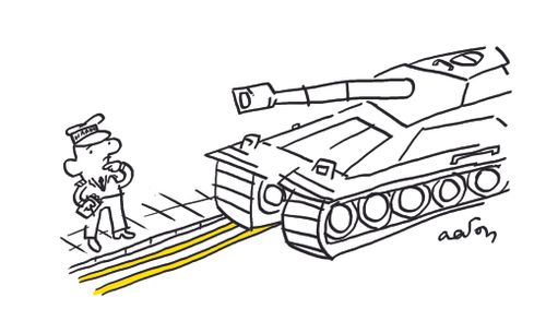 Tank parks on the yellow lines.