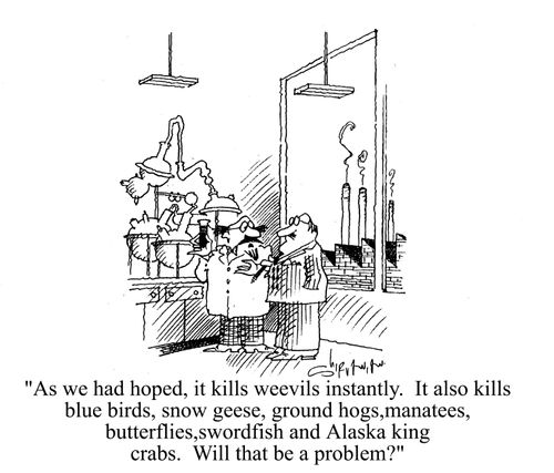 'As we had hoped, it kills weevils instantly. It also kills blue birds, snow geese, ground hogs, manatees, butterflies, swordfish and Alaska king crabs. Will that be a problem?'