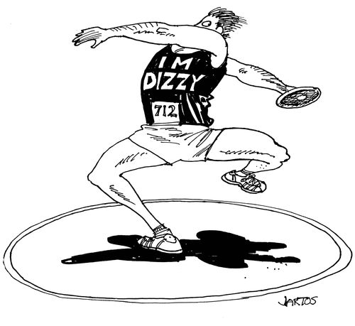 Discus Thrower's T-Shirt reads: I'm Dizzy.