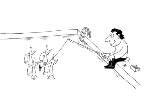 Man fishing in a swimming pool where synchronised swimmers practice.