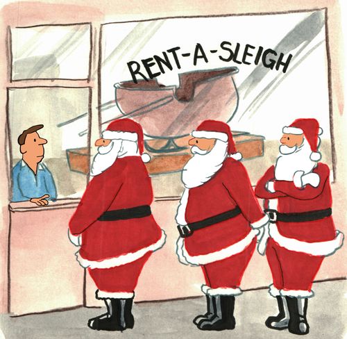 Three Santa Claus's need to rent a sleigh.