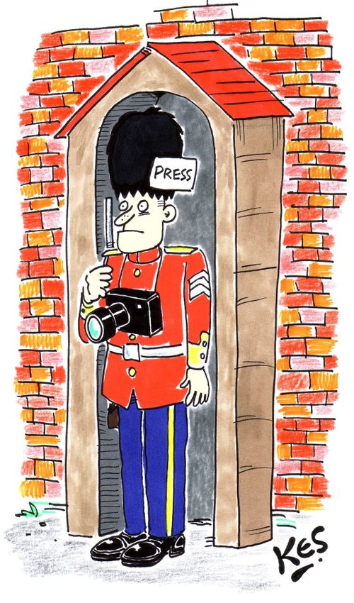 Press spy infiltrates Buckingham palace dressed as a guard.