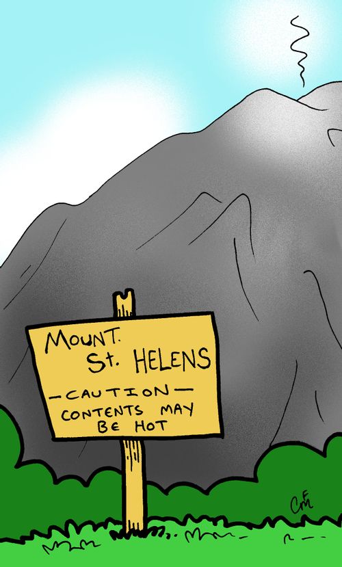 A sign on the side of a volcano warns that 'contents may be hot'.
