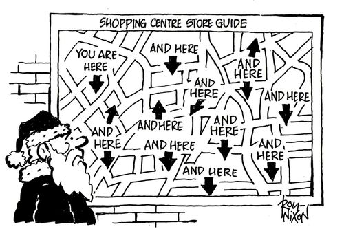 Father Christmas at shopping centre store guide - you are here ...and here...and here...and...ect.
