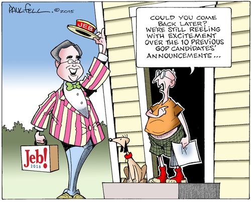 "Could you come back later? We're still reeling with excitement over the 10 previous GOP candidates' announcements..."