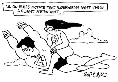 'Union rules dictate that superheroes must carry a flight attendant.'