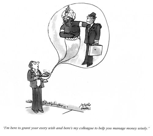 'I'm here to grant your every wish and here's my colleague to help you manage money wisely.'