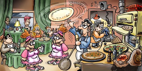 Baking pizza in open kitchen in restaurant.