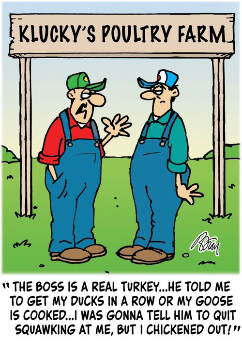 "The boss is a real turkey...he told me to get my ducks in a row or my goose is cooked...I was gonna tell him to quit squawking at me, but I chickened out!"