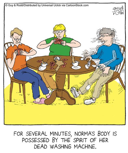 For several minutes, Norma's body is possessed by the spirit of her dead washing machine,