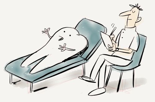Dentist as psychoanalyst with tooth patient on couch