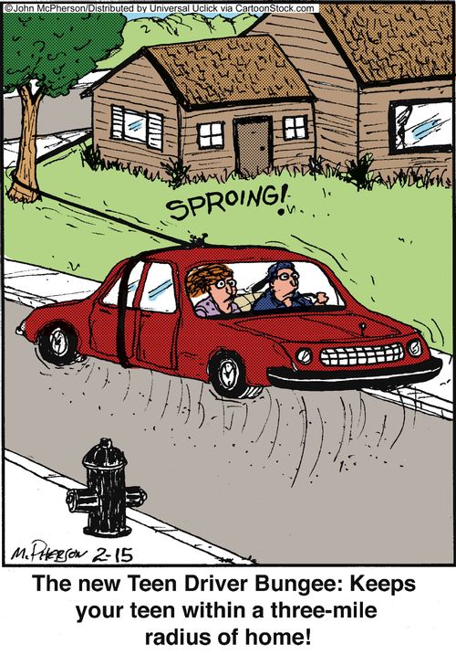 The new Teen Drive Bungee: Keeps your teen within a three-mile radius of home!