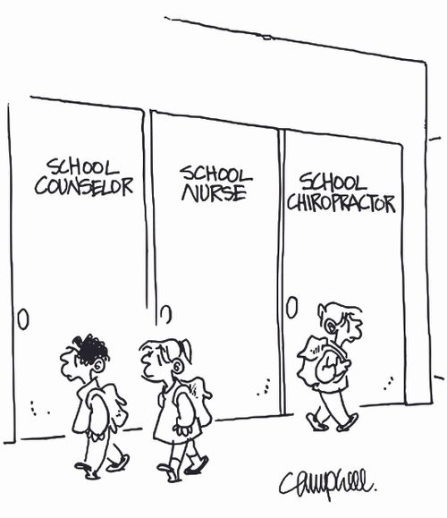 Students with backpacks walk in front of doors marked School Counselor, School Nurse, and School Chiropractor.