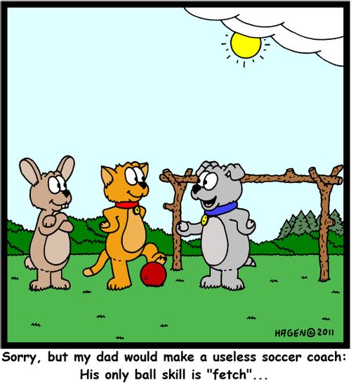 'Sorry, but my dad would make a useless soccer coach: His only ball skil is 'fetch'...'