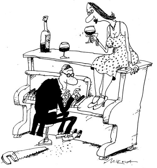 Man manages to look at woman's feet while playing the piano by sawing a piece of piano off