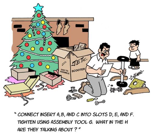 'Connect insert A, B, and C into slots D, E, and F. Tighten using assembly tool G. What in the H are they talking about?'