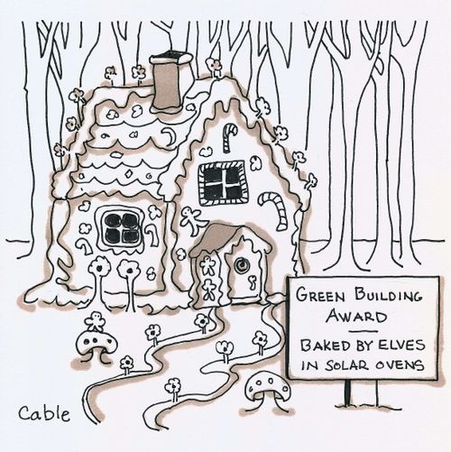 Gingerbread House: Green Building Award - Baked by Elves in Solar Ovens.