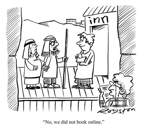 Angry Joseph in school nativity play says to Innkeeper: 'No, we did not book online.'