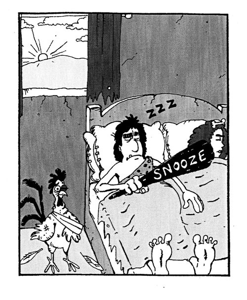 A caveman sleeps with a club labelled 'Snooze' whilst a beaten looking rooster stands by.