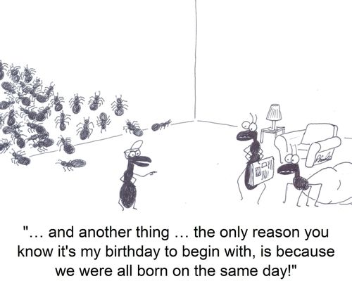 '… and another thing … the only reason you know it's my birthday to begin with, is because we were all born on the same day!'