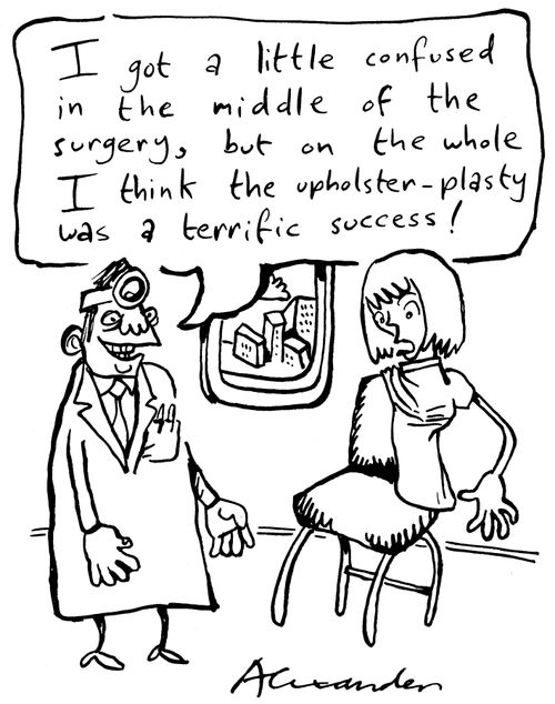 "I got a little confused in the middle of the surgery, but on the whole I think the upholster-plaster was a terrific success."
