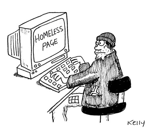 Homeless man on internet looking at homeless page.
