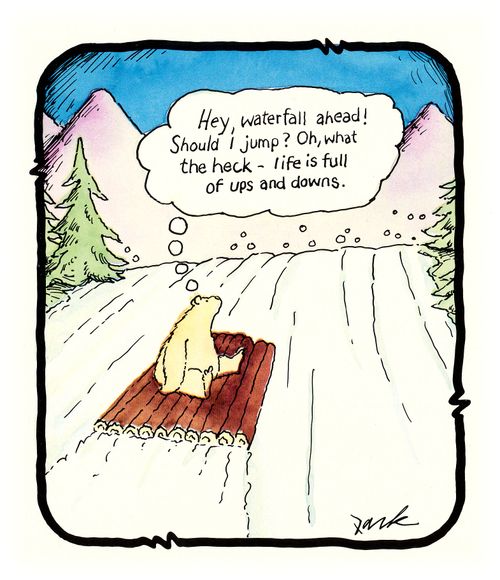 'Hey, waterfall ahead! Should I jump? Oh, what the heck, life is full of ups and downs.'