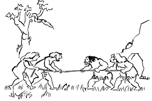 Adam and Eve in tug of war with cavemen.