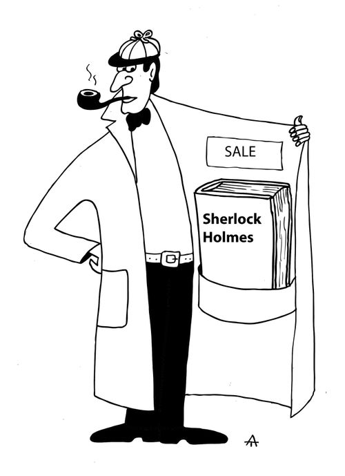 A detective selling a copy of Sherlock Holmes.