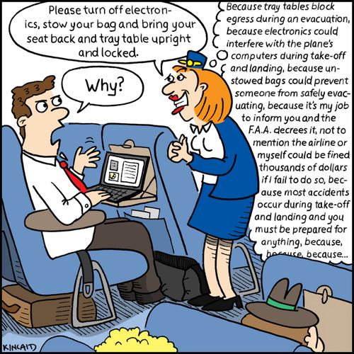 'Please turn off electronics, stow you bag and bring your seat back and tray table upright and locked.'