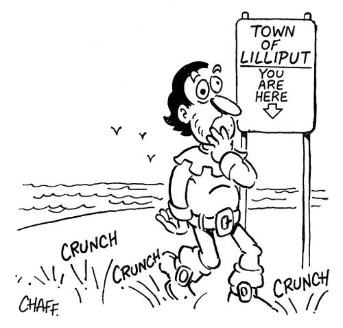 Gulliver stepping on Lilliputians.