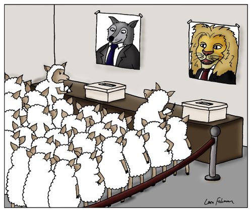 Sheep voting for either a wolf or a lion.